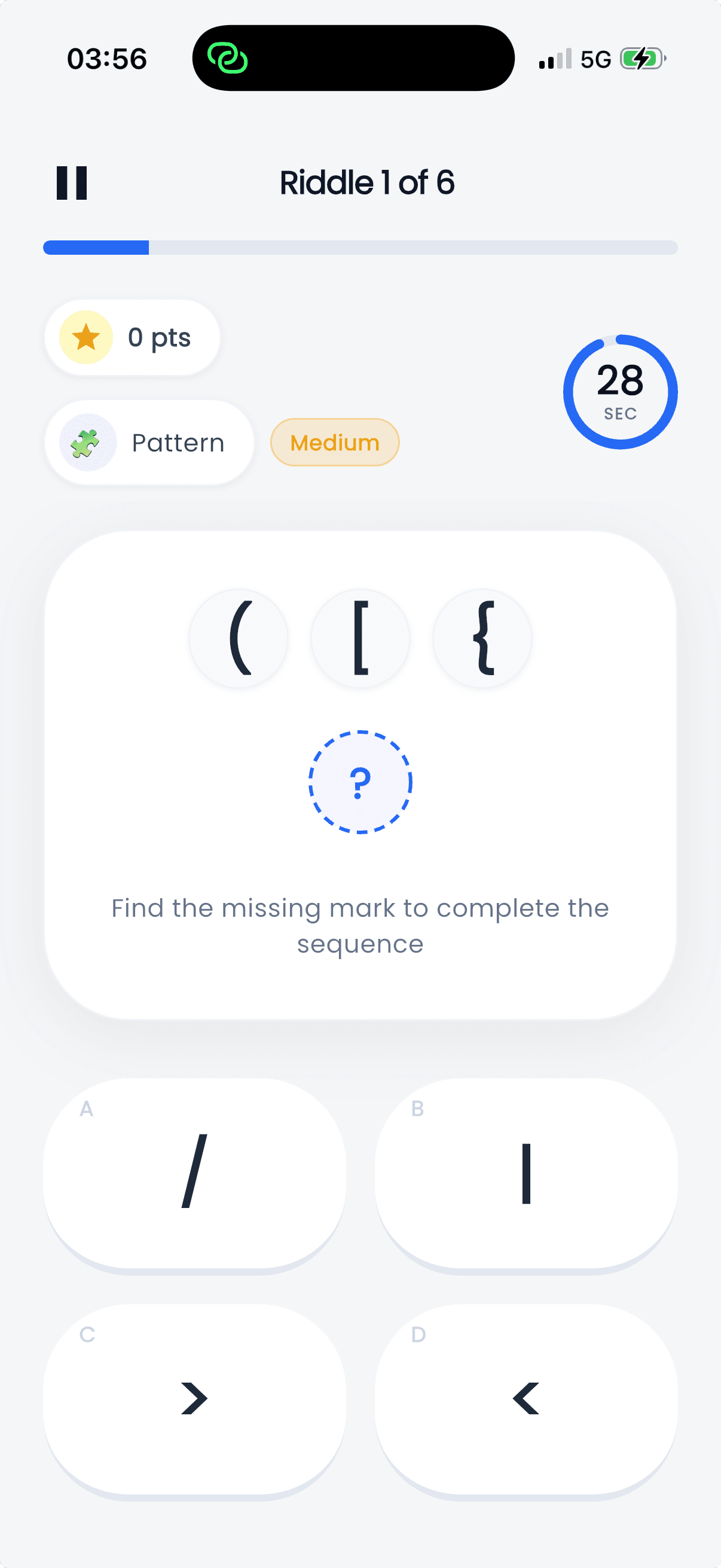 PuntuQuest gameplay: a Pattern riddle asking which mark completes the sequence